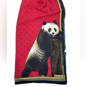 KRIZIA Italy Large Scarf Shawl Wool Silk Blend Red with Panda Print 52x52”